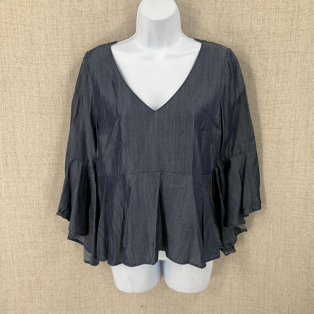 White House Black Market Peplum Top Women 2 Blue Bell Sleeve Classic Minimalist